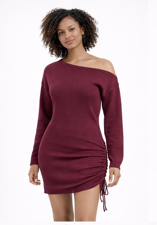 Off Shoulder Ruched Knit Mini Dress