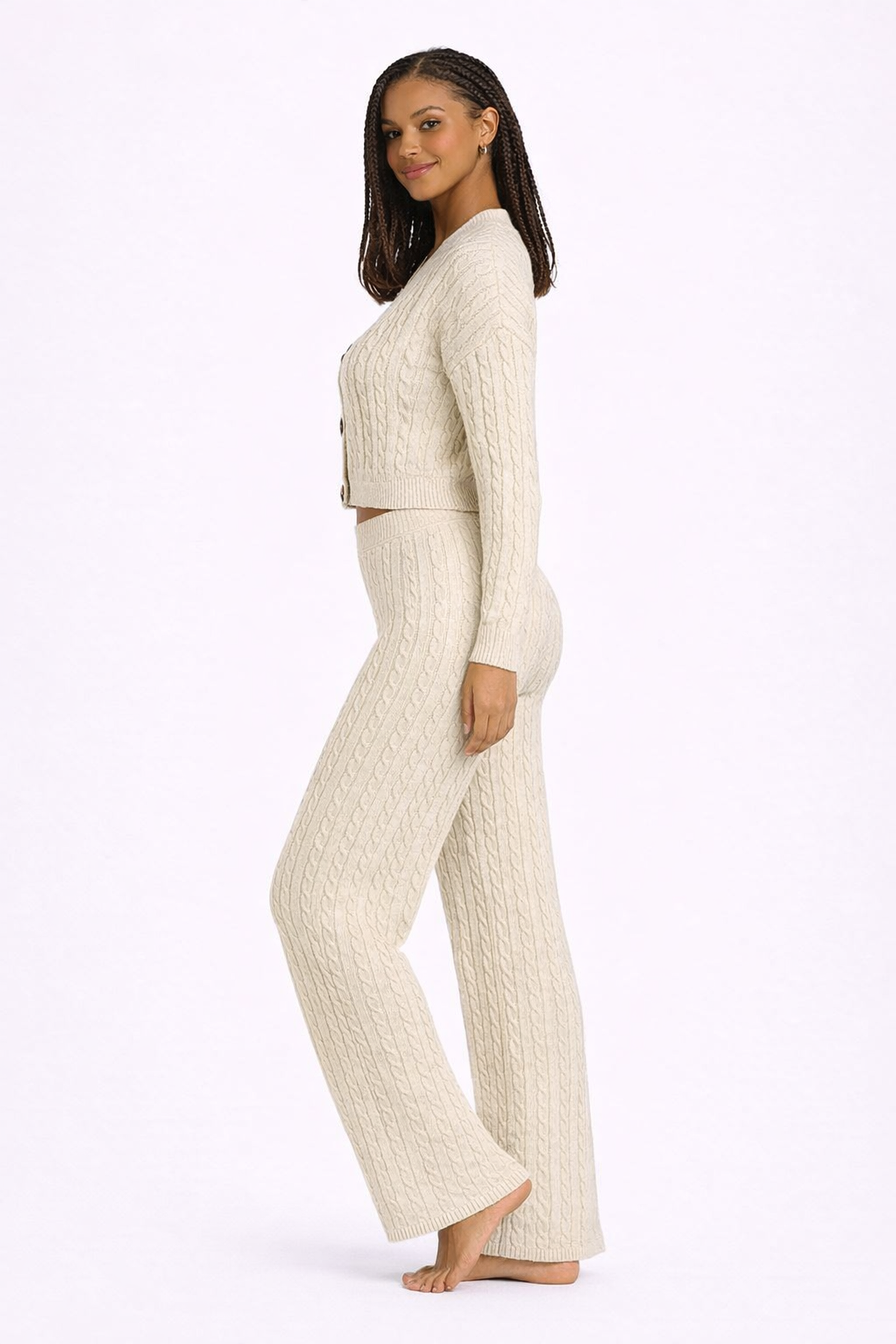 Cable Knit V-Neck Cropped Cardigan - Image 2
