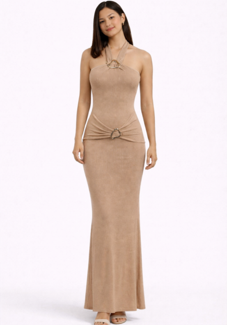 Trim Detail Halter Knit Maxi Dress