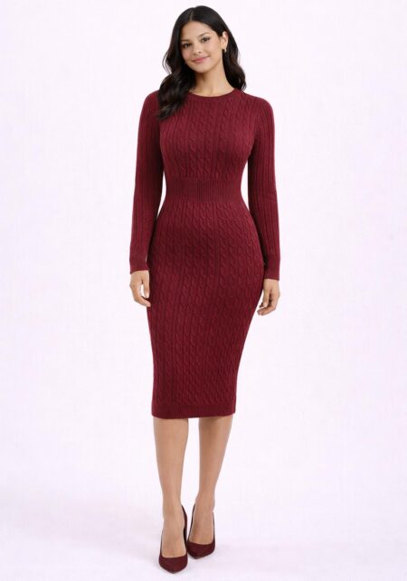 Cable Knit Waist-Detail Midi Dress