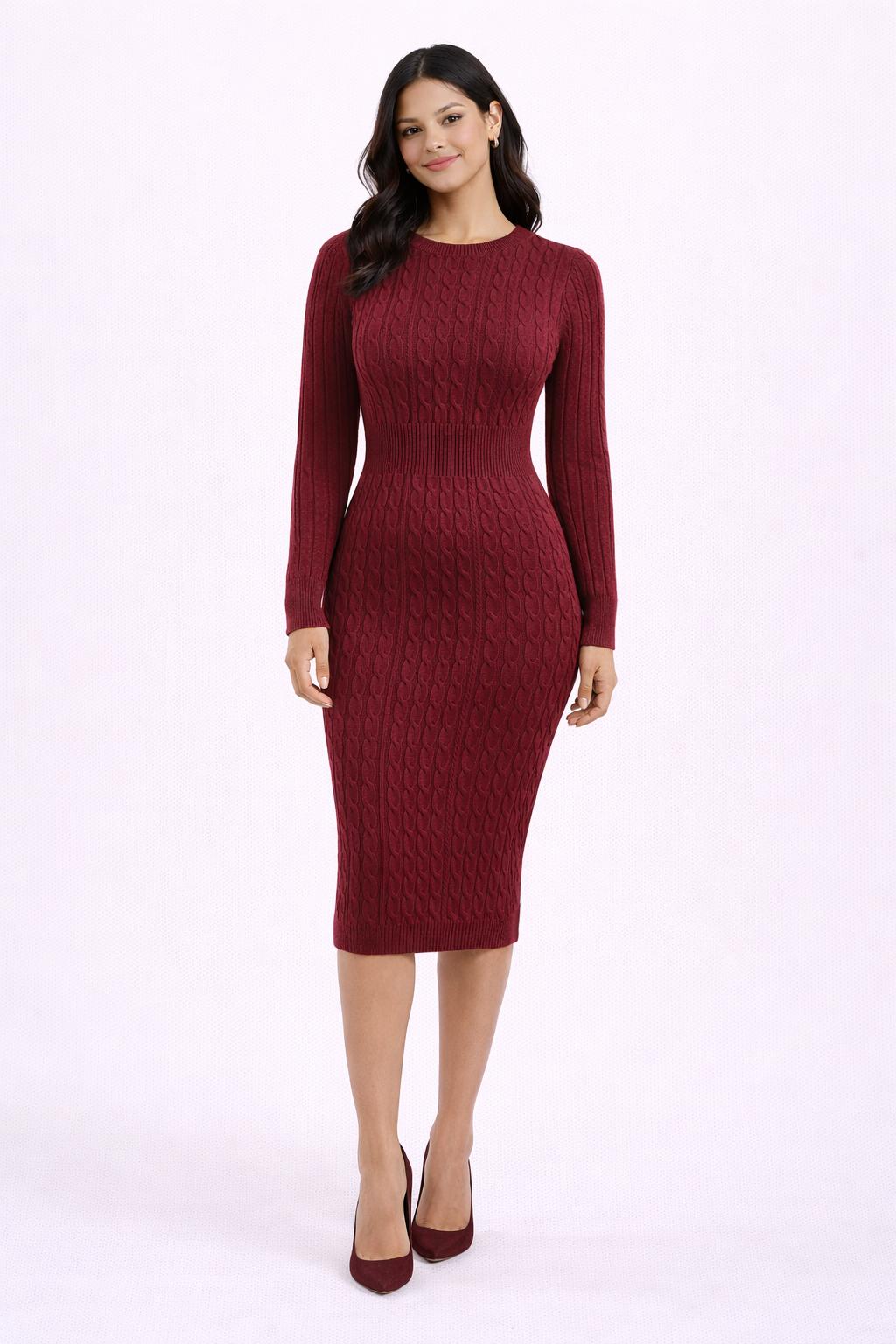 Cable Knit Waist-Detail Midi Dress
