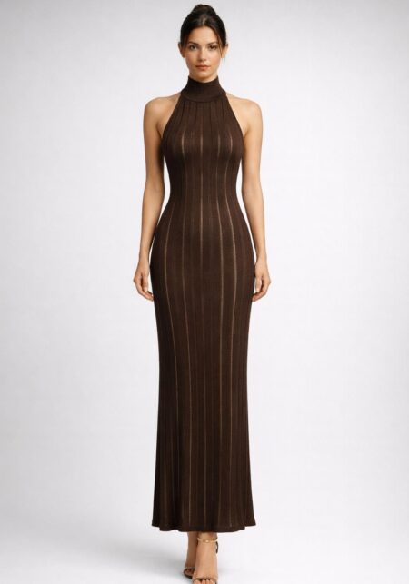 High-Neck Halter Knit Maxi Dress