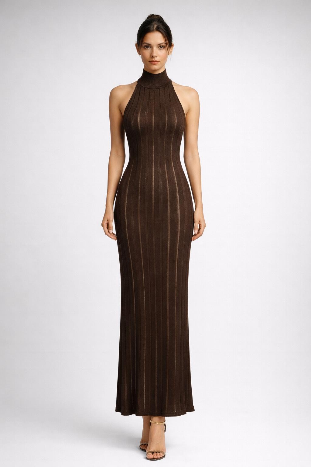 High-Neck Halter Knit Maxi Dress