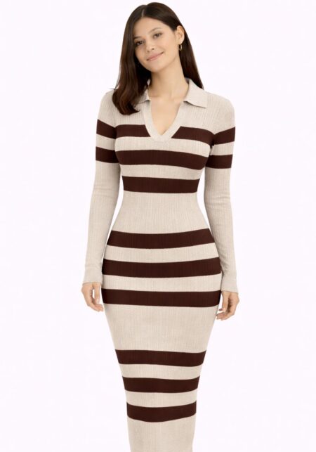 Striped Ribbed Knit Polo Maxi Dress