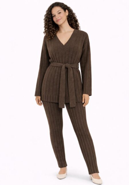 Belted V-Neck Knit Tunic Top