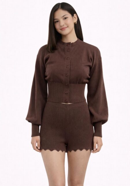 Button Through Waist-Cinched Knit Cardigan