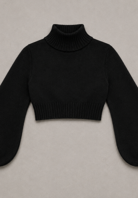Black High Neck Balloon Sleeve Knit Crop Top