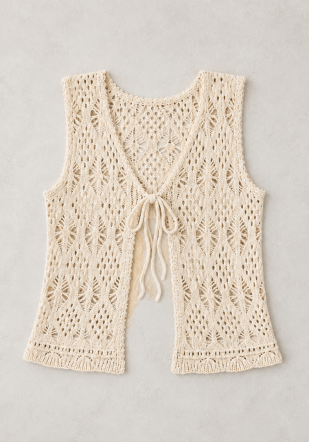 Cream Crochet Tie Front Knit Vest