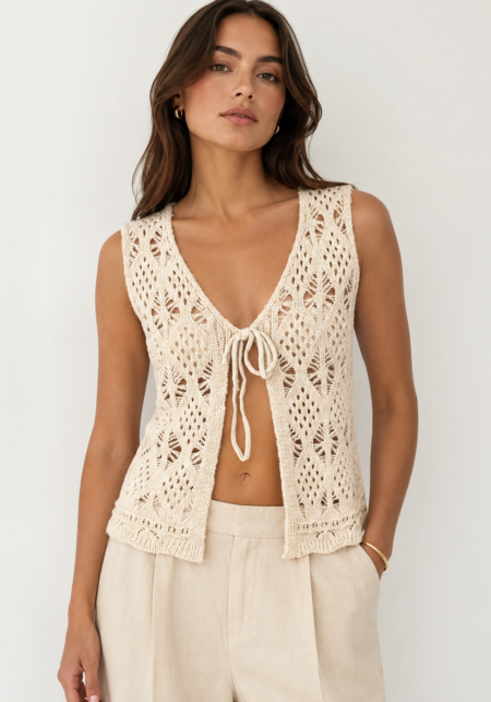 Cream Crochet Tie Front Knit Vest
