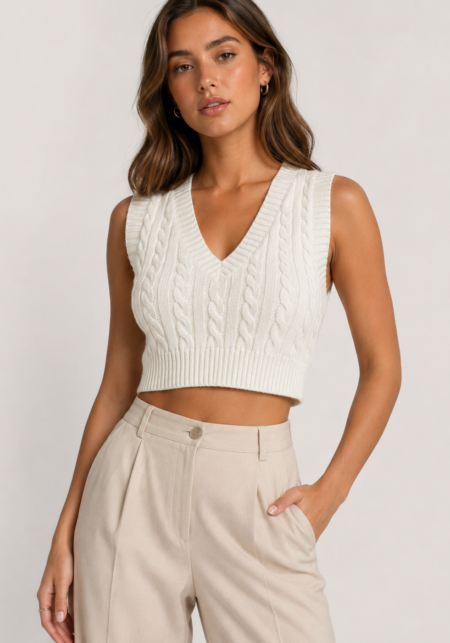 Cream Cable Knit V-Neck Crop Vest