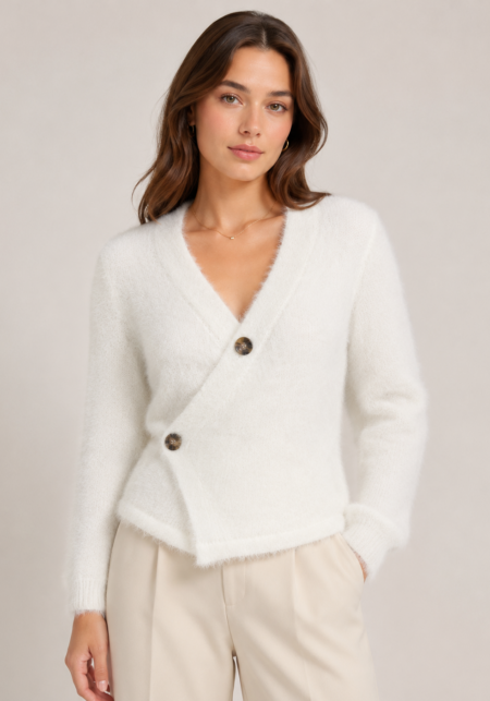 Cream Fluffy Wrap Knit Cardigan