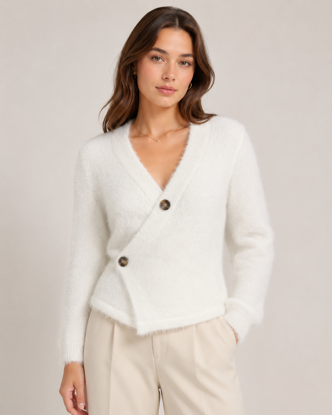 Cream Fluffy Wrap Knit Cardigan
